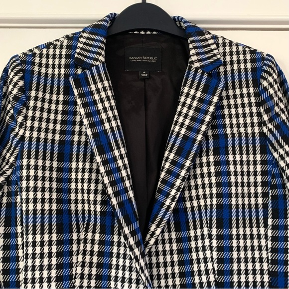 Banana Republic Long and Lean Blazer Plaid Jacket 1 Button Blue Black Size 4 - Picture 5 of 8